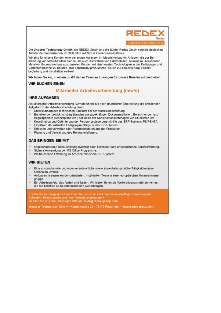 Mitarbeiter Arbeitsvorbereitung (m/w/d)