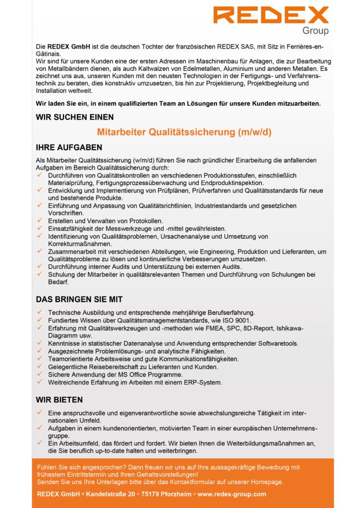 MITARBEITER QUALITÄTSSICHERUNG (M/W/D)