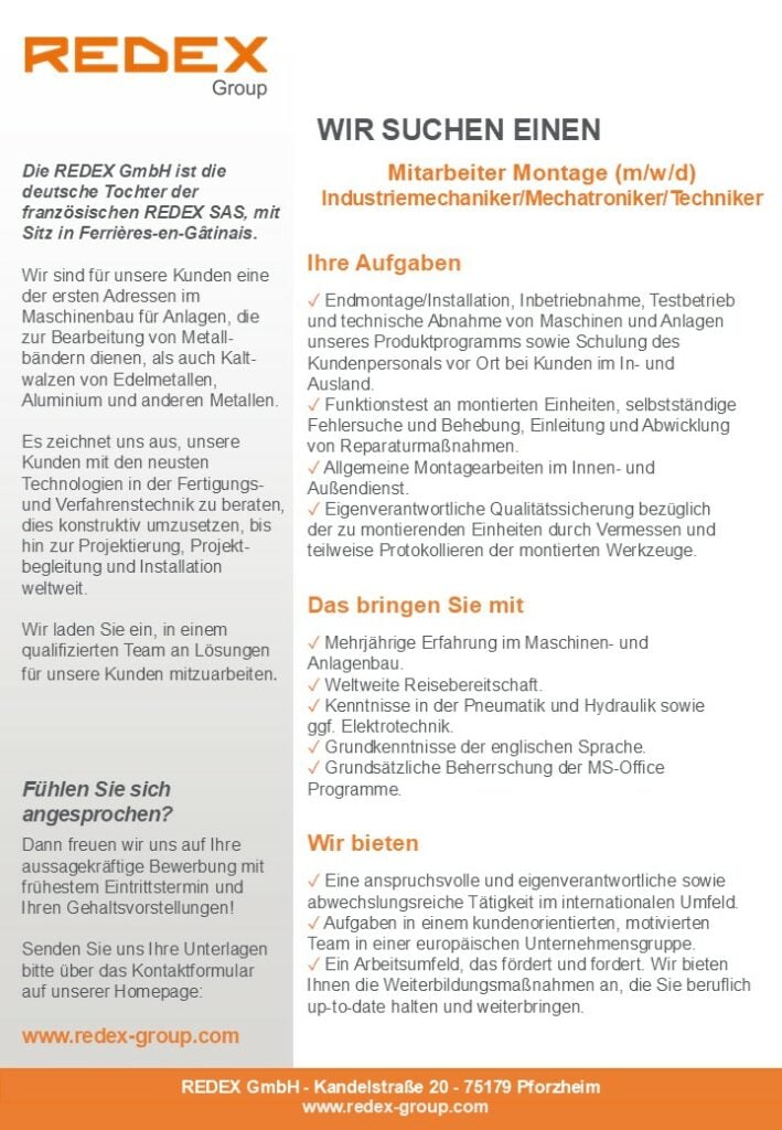 Mitarbeiter Montage (m/w/d) Industriemechaniker/Mechatroniker/Techniker