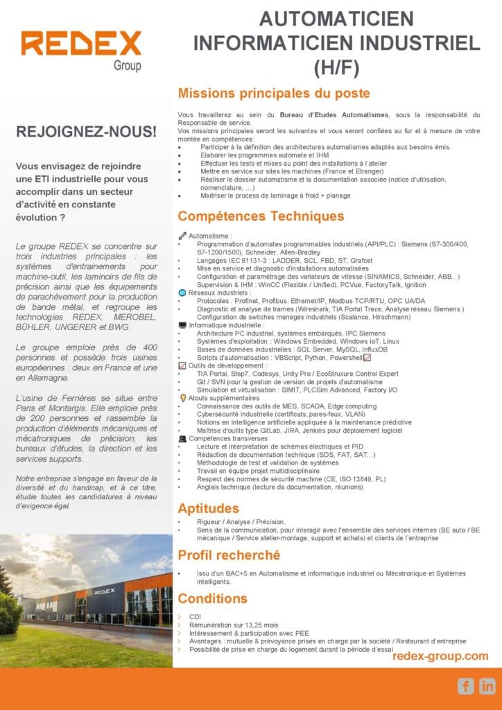 AUTOMATICIEN INFORMATICIEN INDUSTRIEL (H/F)